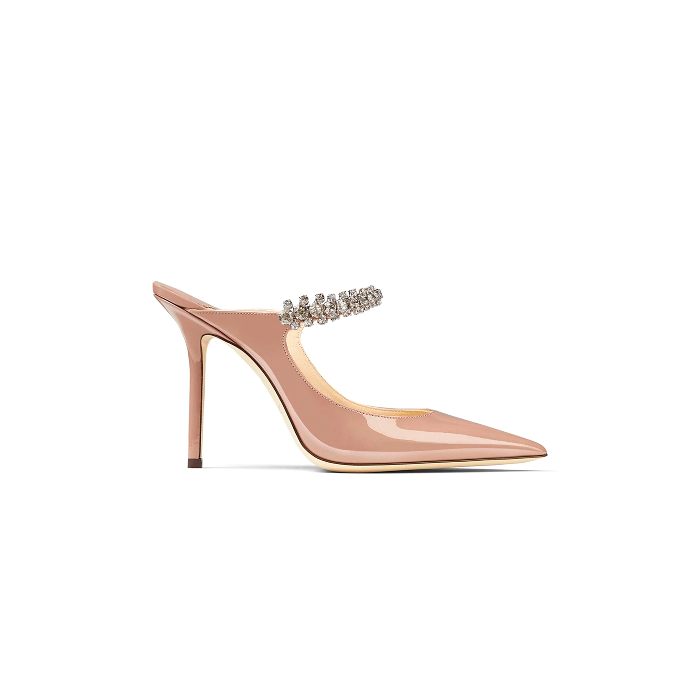 JIMMY CHOO BING 100 BALLET PINK PATENT LEATHER MULES WITH CRYSTAL STRAP BING100PAT